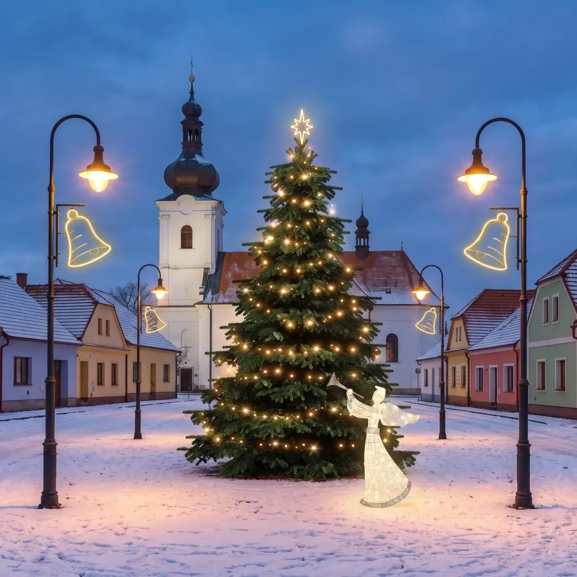 Vánoční sada pro obce Zvonek, strom 3–5 m, 7× zvonek na veřejné osvětlení, 3D LED anděl 122 cm, teplá bílá