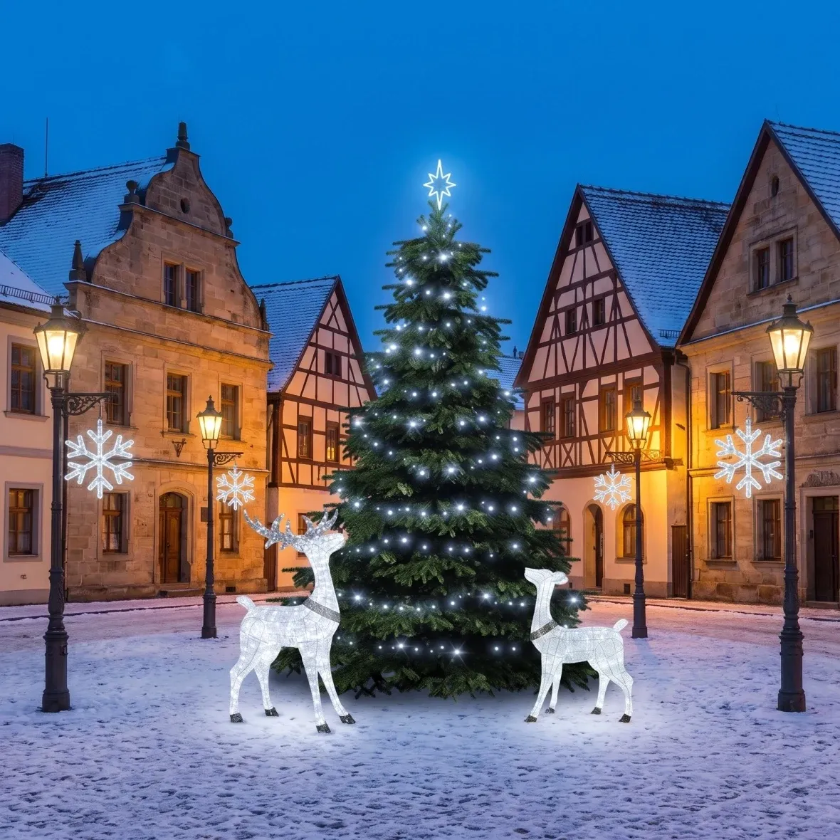 Vánoční sada pro obce Ledová vločka V s jelenem a laní, strom 3–5 m, 4× vločka V na veřejné osvětlení, 3D LED jelen a laň 150 cm, ledová bílá
