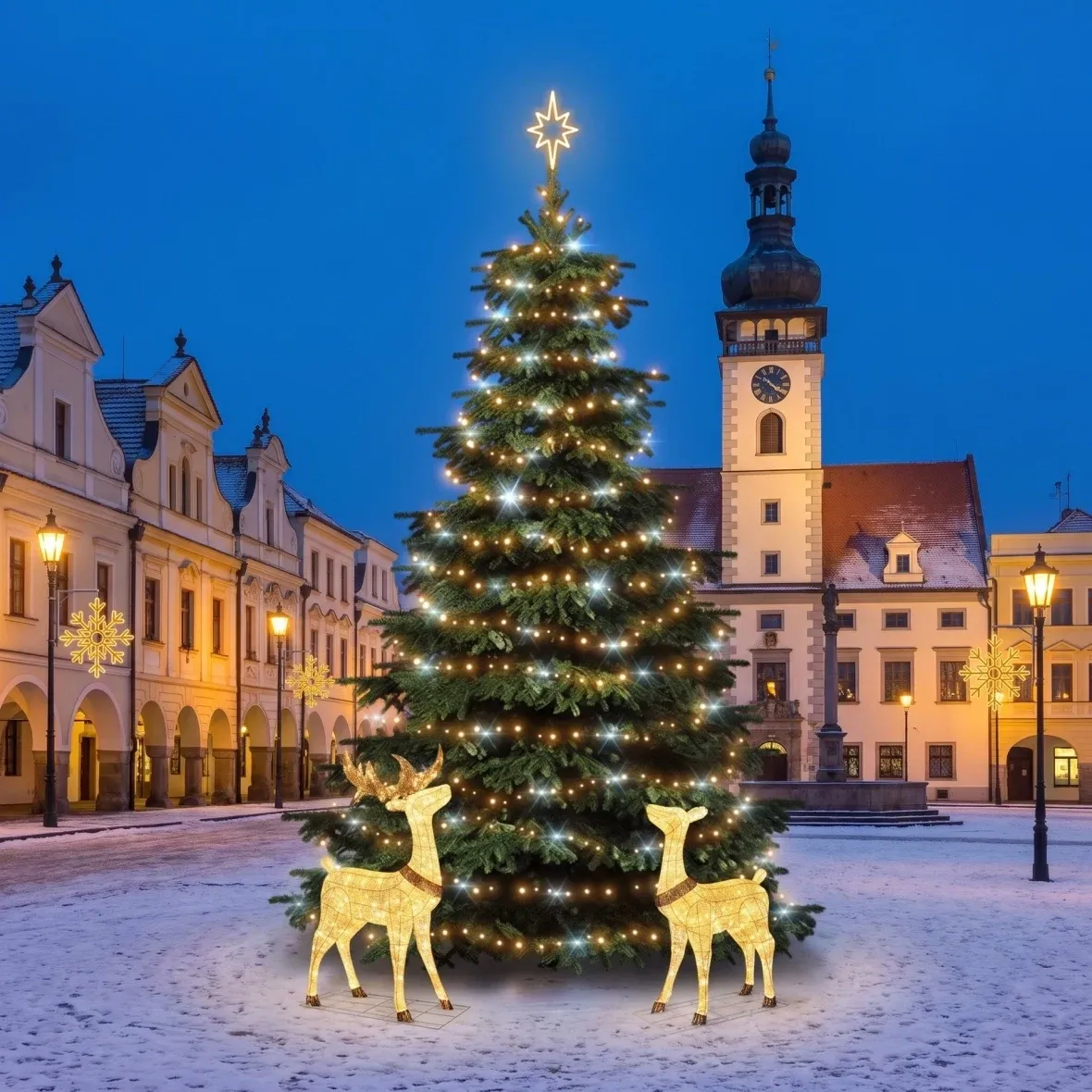 Vánoční sada pro obce Velká vločka X s jelenem a laní, strom 6–8 m Flash, 8× vločka X na veřejné osvětlení, 3D LED jelen a laň 150 cm, teplá bílá