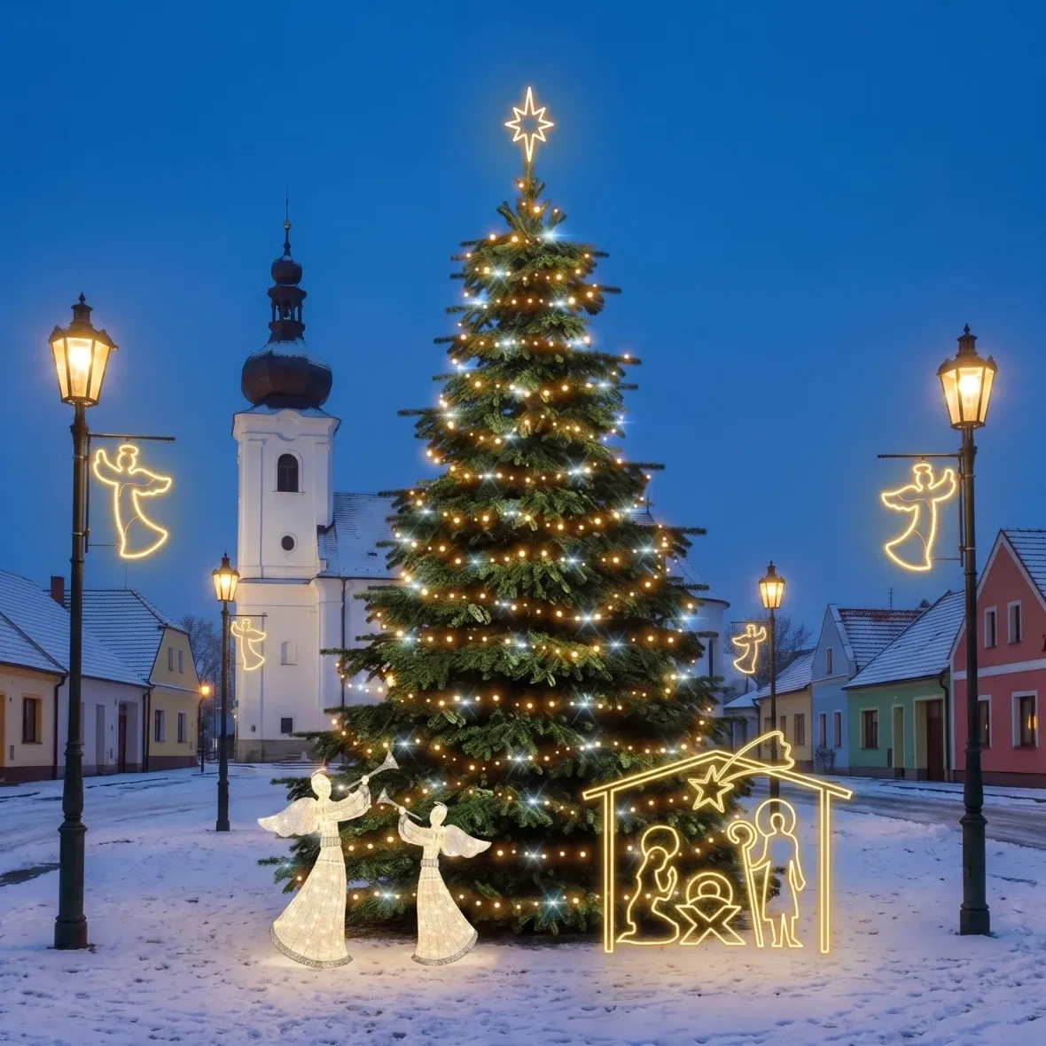Vánoční sada pro obce Anděl a betlém, strom 6–8 m Flash, 8× anděl na veřejné osvětlení, 2× 3D LED anděl 122 cm, betlém 162 × 172 cm, teplá bílá