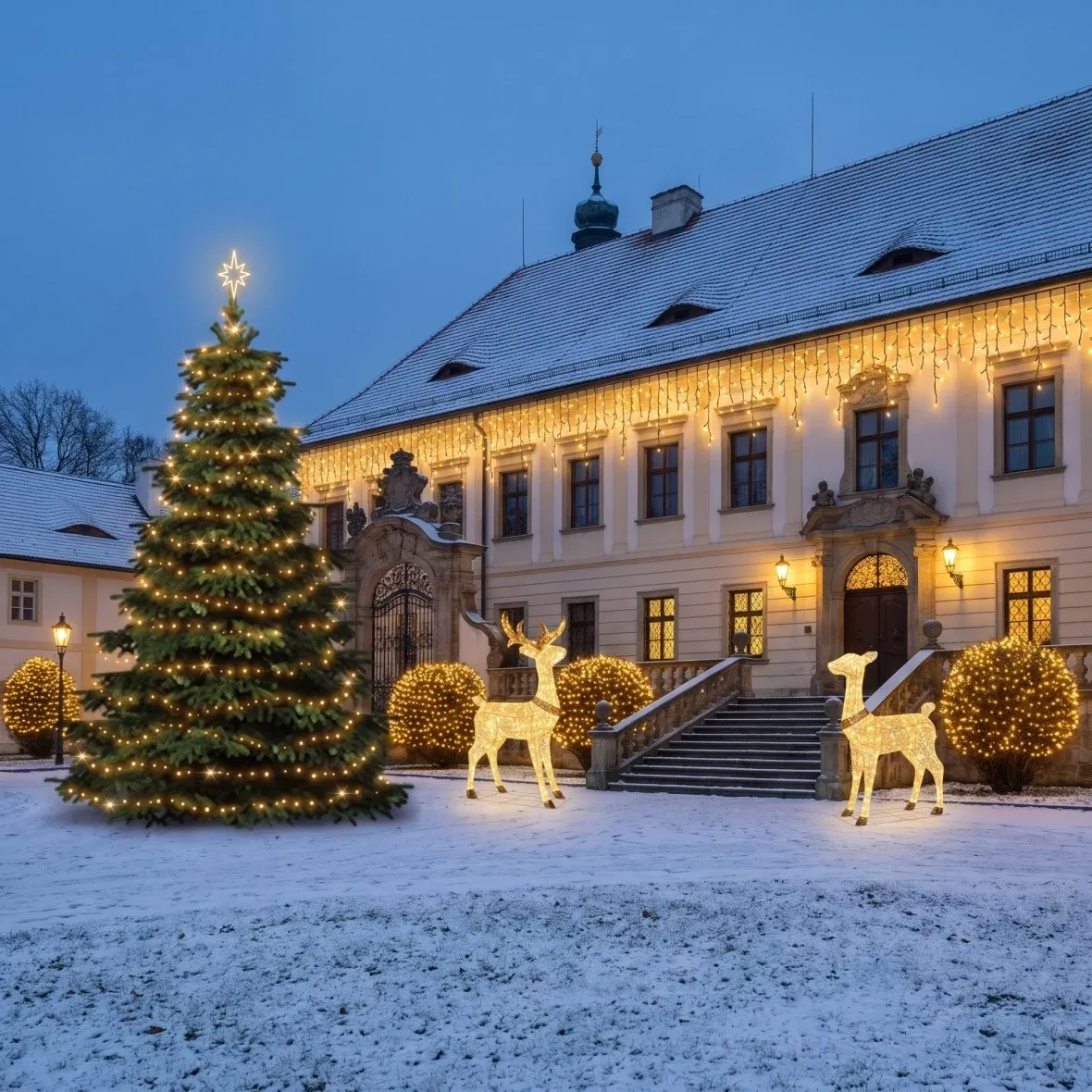 Vánoční sada pro hotely Velká fasáda, strom 6–8 m, 11× krápníky 3 m, 4× řetěz 20 m, 3D LED jelen a laň 150 cm, teplá bílá