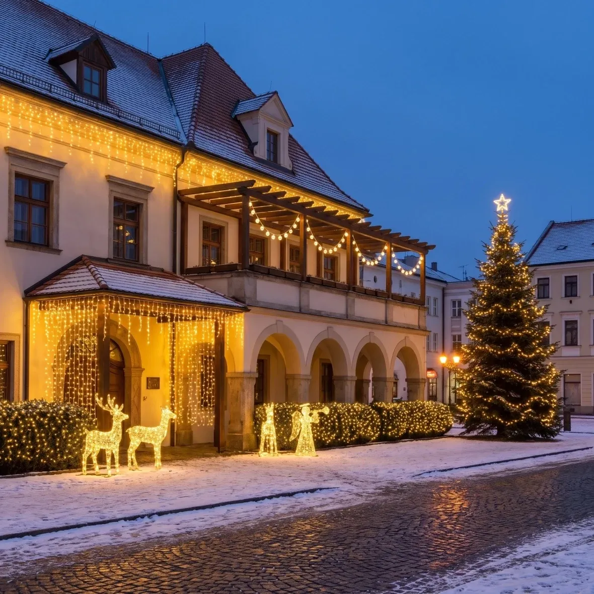 Vánoční sada pro hotely Velký vchod a zahrada, strom 6–8 m, 3D LED jelen a laň 150 cm, 3D LED anděl 122 cm, teplá bílá