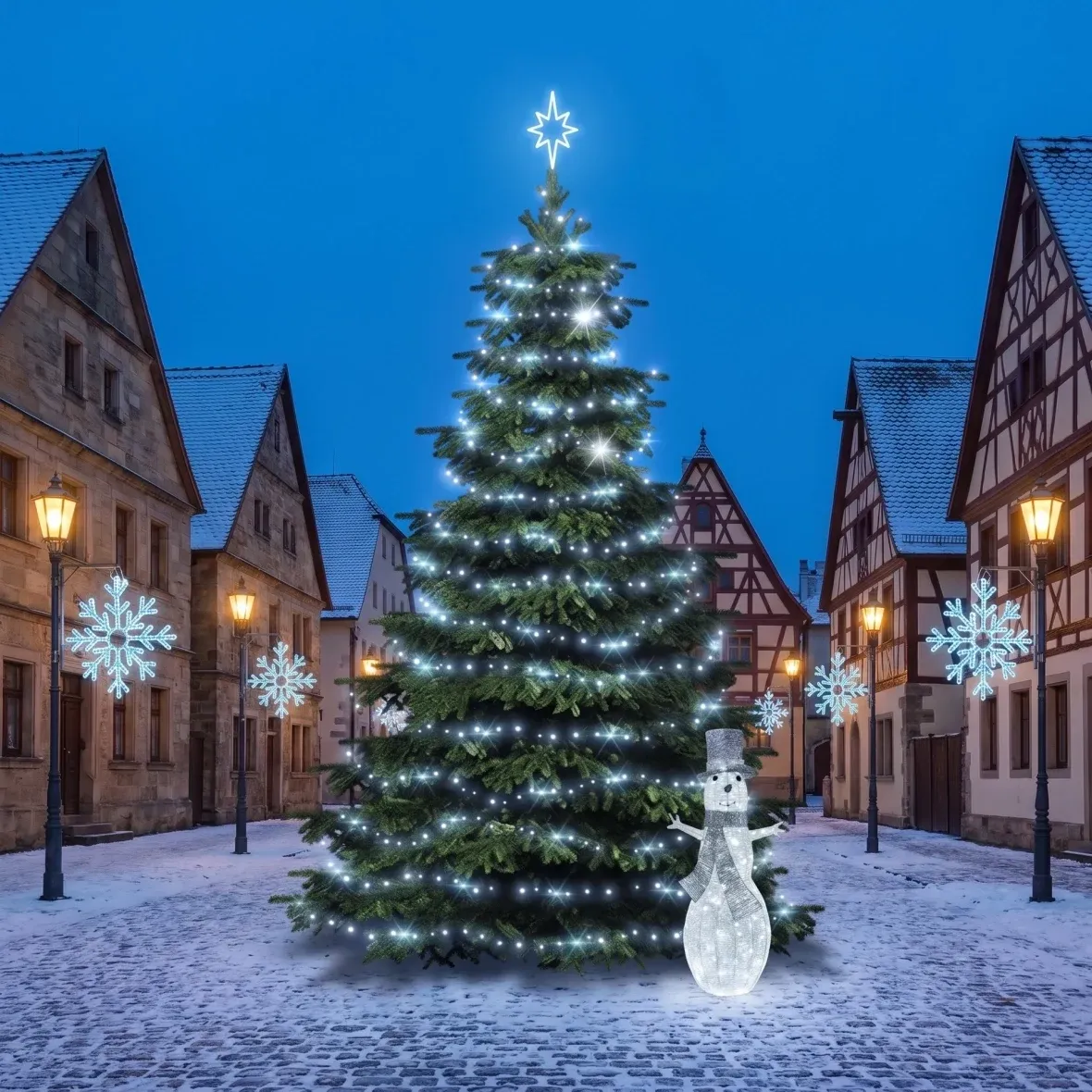 Vánoční sada pro obce Ledová vločka X, strom 6–8 m Flash, 8× vločka X na veřejné osvětlení, 3D LED sněhulák 107 cm, ledová bílá
