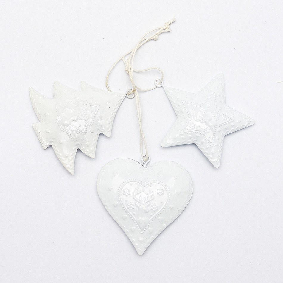 Závěsná kovová dekorace, set: hvězda, strom, srdce 7x7x1,2 cm