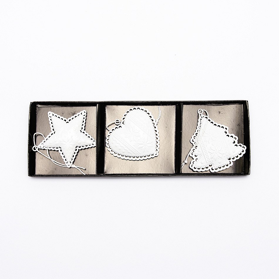 Závěsná kovová dekorace, set: hvězda, srdce, strom 7 cm