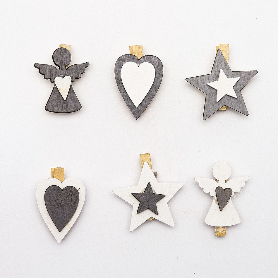 Dřevěné dekorační kolíčky, anděl, hvězda, srdce, 6ks/bal.