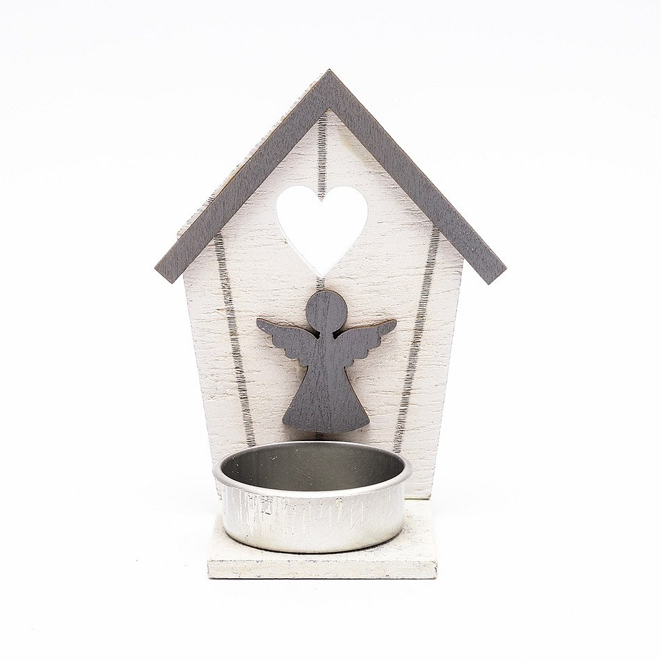 Dřevěný svícen, chaloupka s andělem, 10,5x5 cm