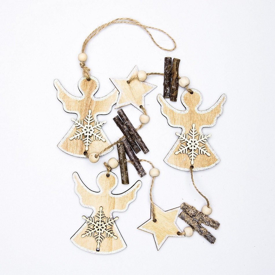 Závěsná dřevěná dekorace, řetěz andělé a hvězdy, 94 cm