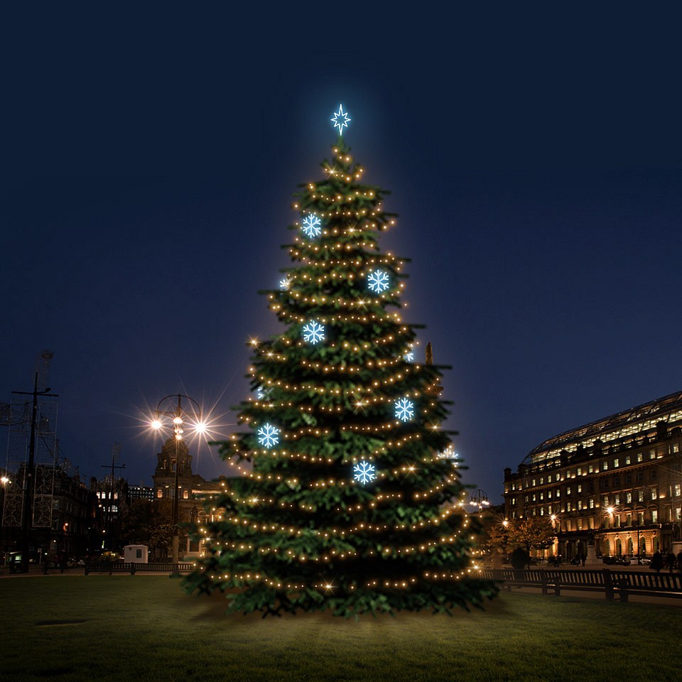LED světelná sada na vánoční stromy vysoké 12-14 m, teplá bílá s ledově bílými dekory EFD01