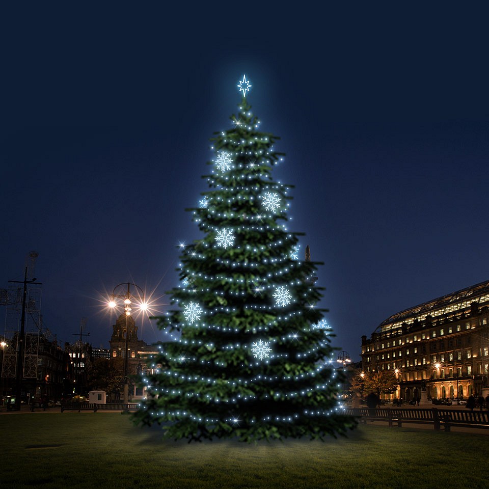 LED světelná sada na vánoční stromy vysoké 12-14 m, ledová bílá s dekory EFD08