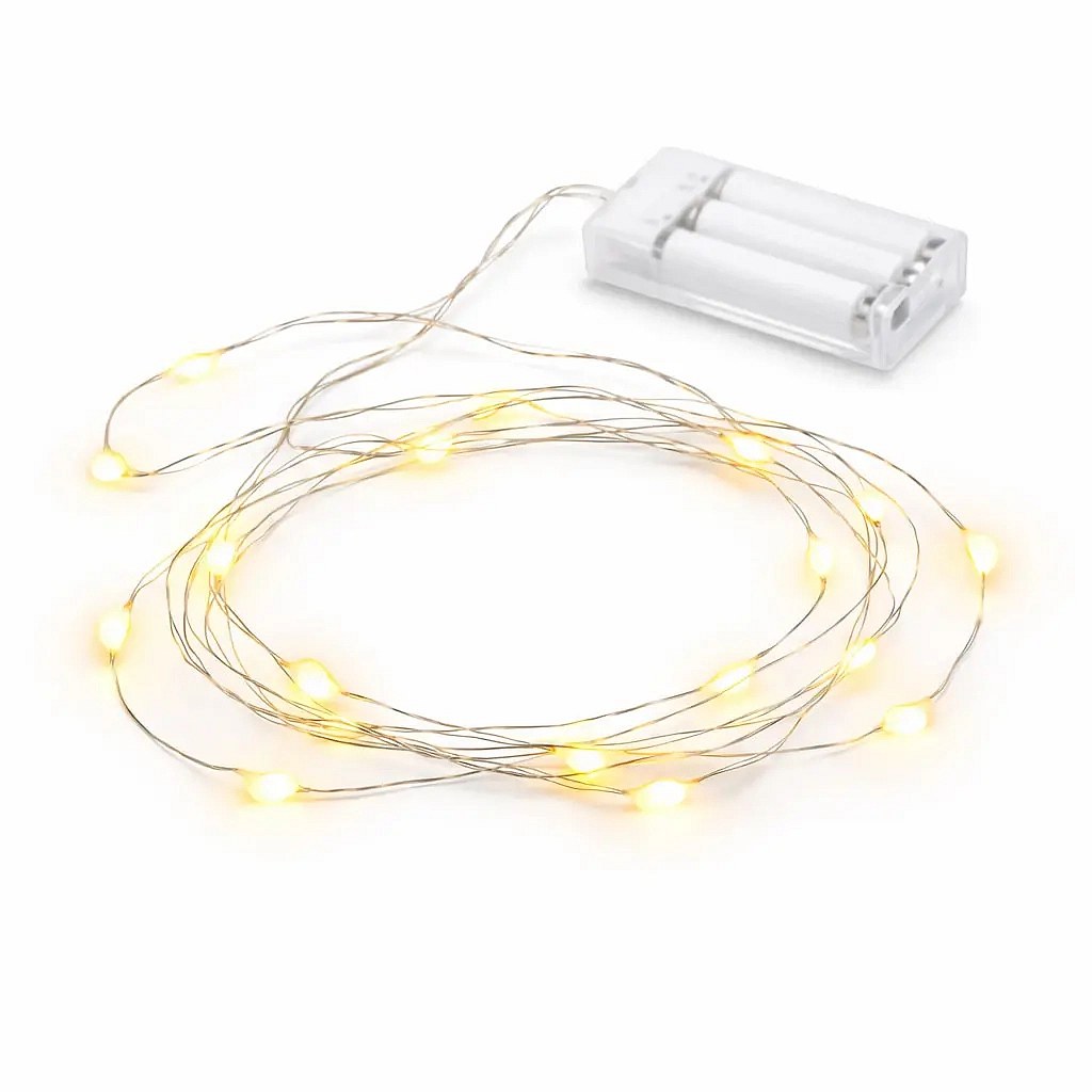 LED světýlka na baterie, kapičky, 2 m, teple bílá, 20 diod, drátek, IP20 interiér, 3 × AA