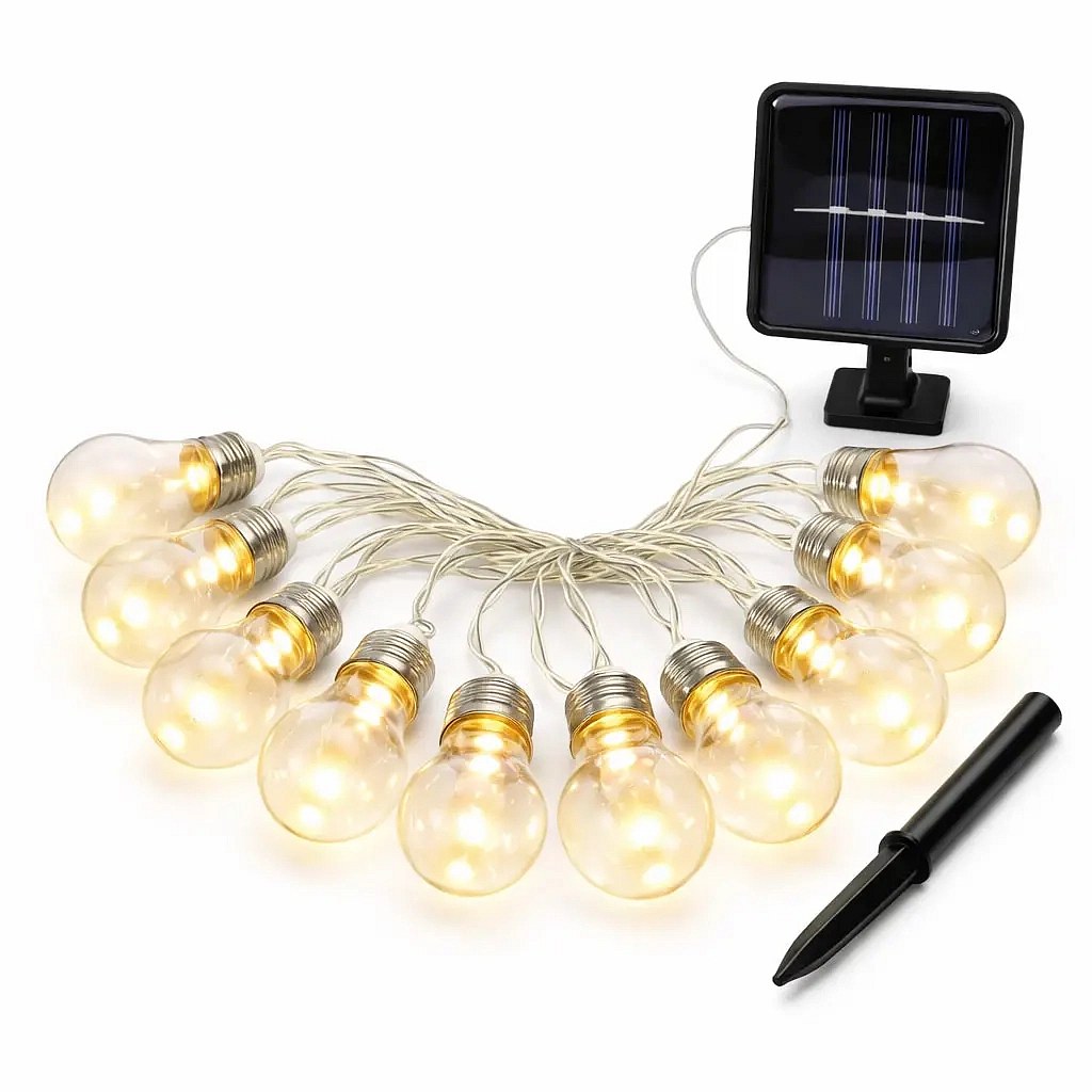 LED party girlanda solární, 5 m, venkovní, teple bílá, 10 diod, průhledné baňky, čirý kabel, IP44